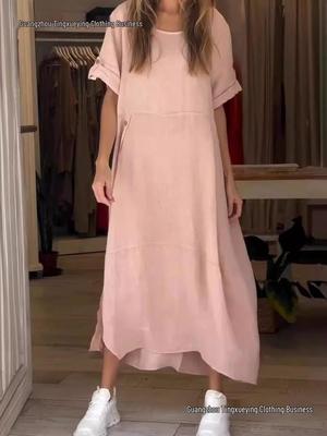 Vestido de Verão Feminino Europeu e Americano de Algodão e Linho - Solto, Cor Sólida, Manga Curta Estilo Casual