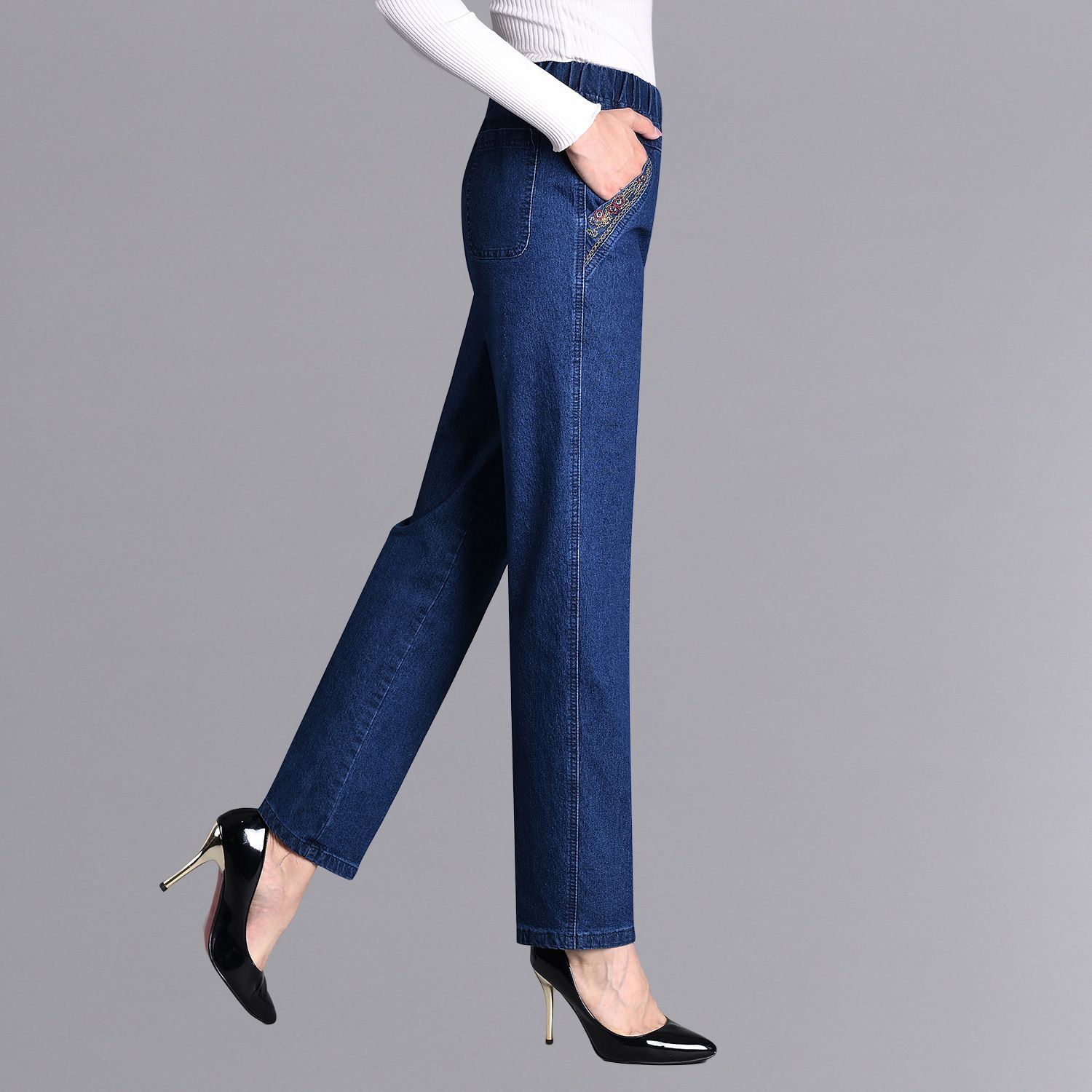 

Летние модели больших размеров Легкие женские однотонные тонкие с высокой талией Прямые модели с вышивкой Эластичная талия Джинсовые повседневные брюки 2XL