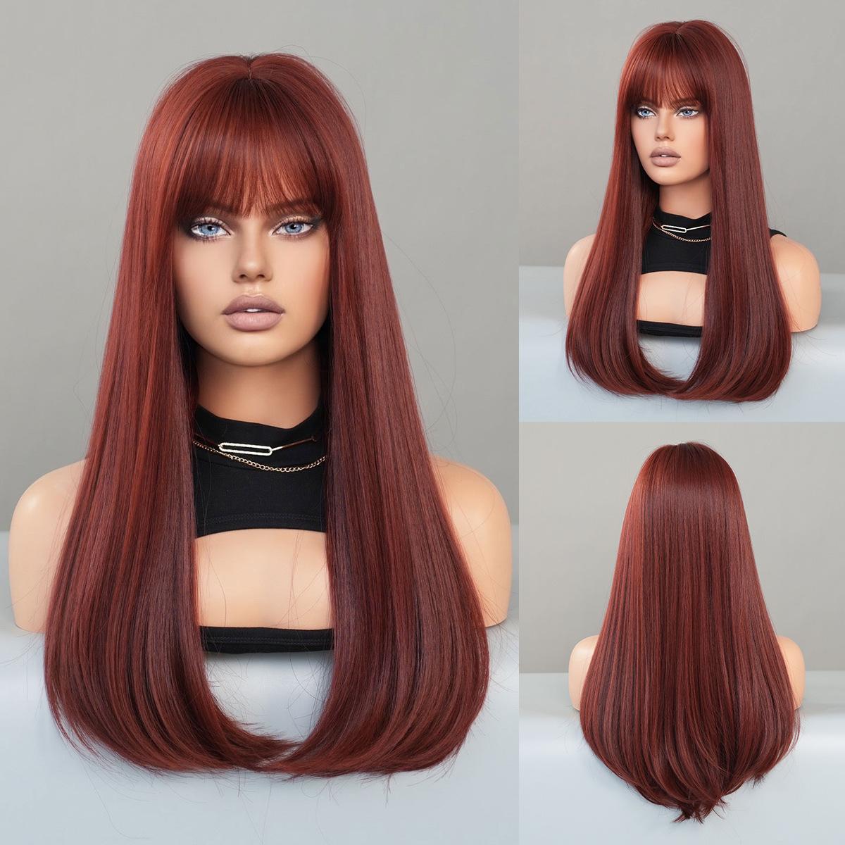 

Новый женский парик, имитация парика, 59 см, волосы, коричнево-красный парик, длинный прямой парик, полный головной убор, сетка для волос в виде розы, головной убор, парик для украшения красоты 59cm 24Inch тёмно-рыжий