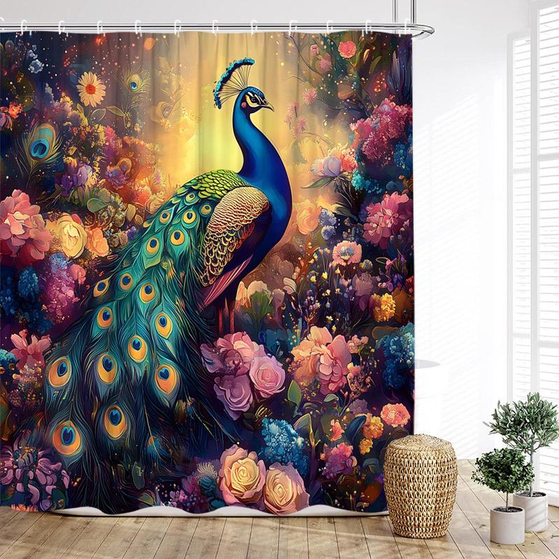 Floral Peacocks Shower Curtain Tree Cave Jungle Flowers Green Plants Birds Modern Home Bathroom Decor Bath Curtains With Hooks