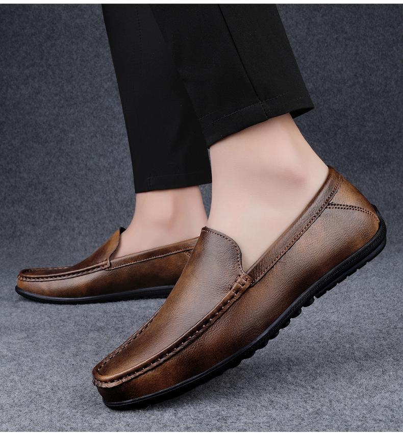 Men's Casual Leather Slip-On Shoes: Soft Sole, Comfortable Cowhide, Wedge Heel, Large Sizes