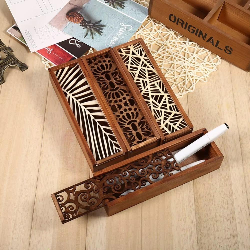 Retro Wooden Pencil Box Hollow Pencil Case Unique Stationery Box  Desk Storage Accessories