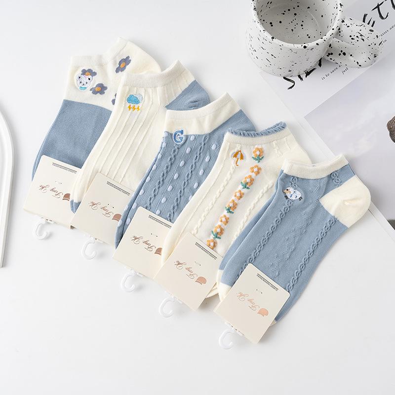 Cotton Socks Children, College Style Cartoon Embroidered Boat Socks, Breathable Sweat-Absorbing Invisible Sports Socks