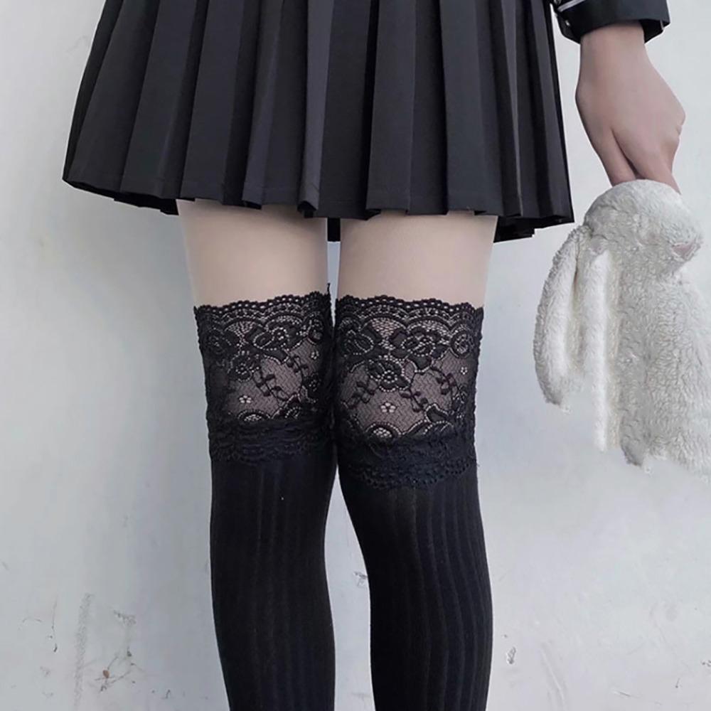 New Cotton Knee-high Socks Keep Warm Solid Color Thigh High Stockings Balletcore Lace Thigh High Socks Autumn Winter