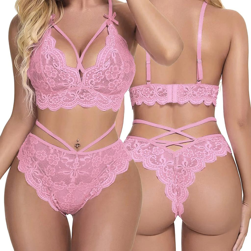 Lingerie Women Lace Hollow Bra Set Transparent Push Up Bras G-String Underwear See Through Costume Sex Exotic Apparel