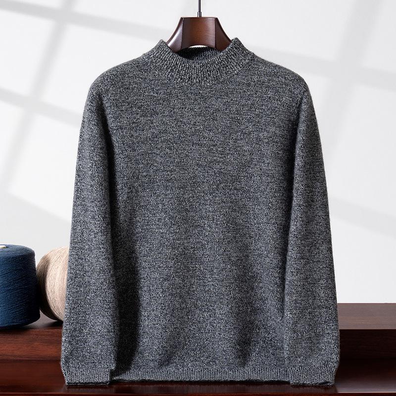 Men's Thickened Cashmere Sweater, Half-High Neck Pullover, Heather Yarn, Long Sleeves, Warm Base Layer