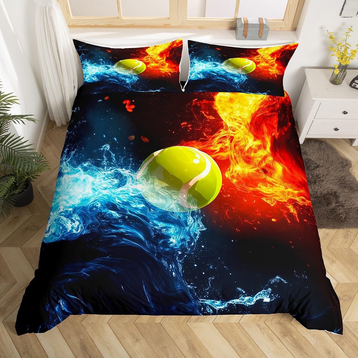 Ensemble de housse de couette Balle de Tennis Thème Jeu de Sport Literie Jumeau Queen Size Pour Adolescents Adultes Housse de couette Racket de Tennis Balle EU Single(135x200cm)