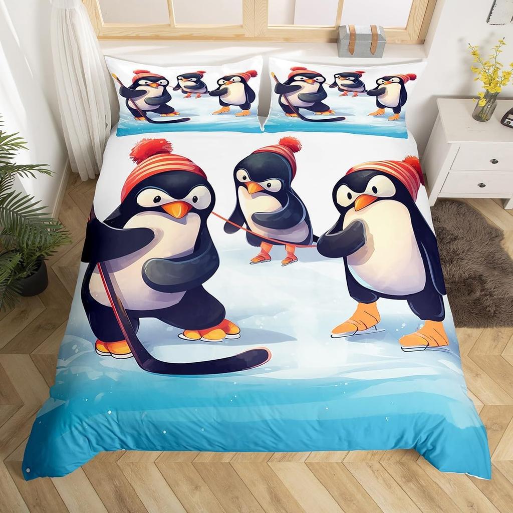 Kreslený tučňák Povlak na peřinu ,Sada povlečení s polárními zvířaty a melouny Pro Dekoraci Pokojů Chlapců a Děvčat,Obal na přikrývku s arktickou divočinou a ovocem