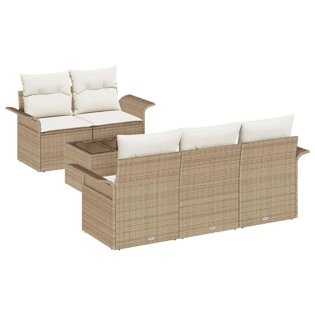 6 Piece Beige Poly Rattan Sofa Set with Cushions