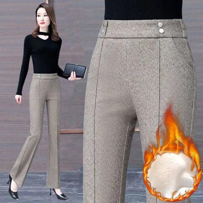 Mit Samt gefütterte Woll-Schlaghose, schlanke Winterhose, elastische hohe Taille, Bürohose, elegante Freizeithose, klassische Damenhose