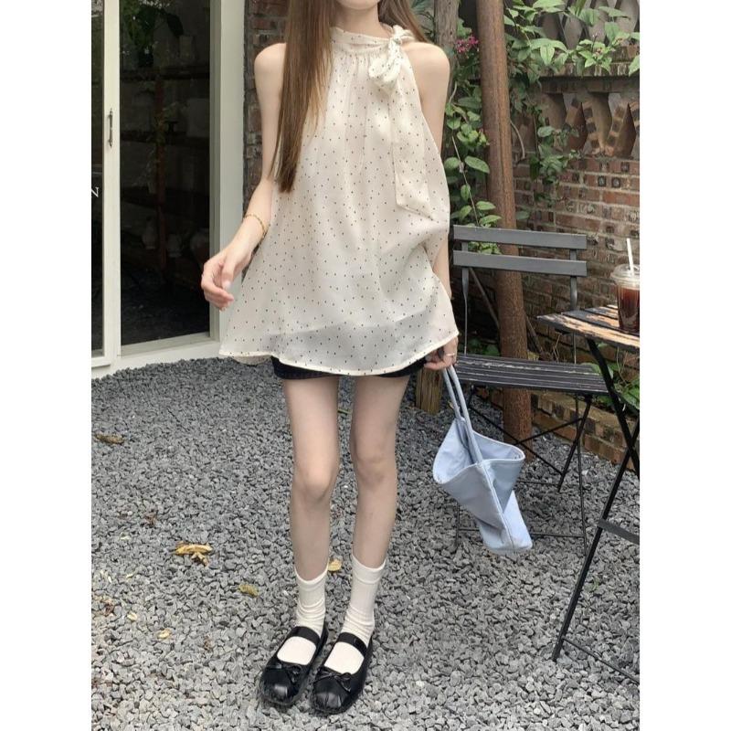 Women Halter Neck Bow Tie Polka Dot Sleeveless Chiffon Blouse S