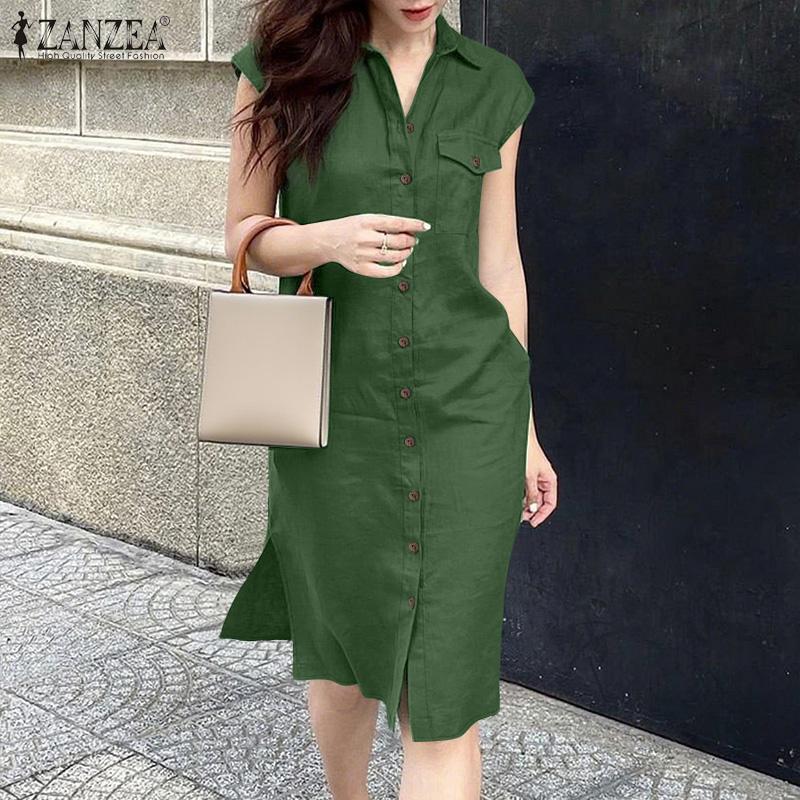 ZANZEA Women Turn Down Collar Solid Color Summer Sleeveless Dress