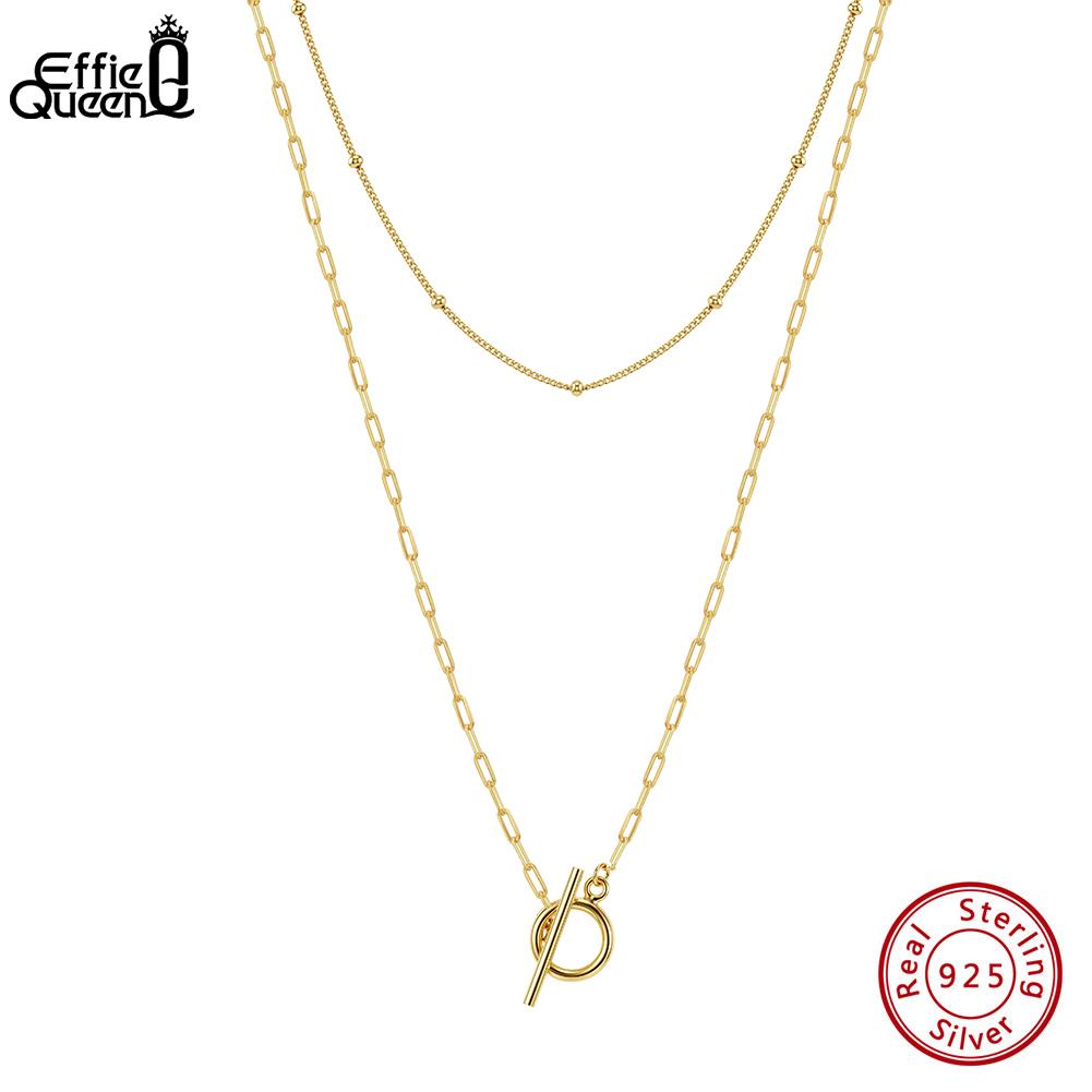 EFFIE QUEEN 925 Pure Silver Beads Chain Double Layered Choker Necklace Paperclip Chain Neck with O Pendant Jewelry Party BQN47
