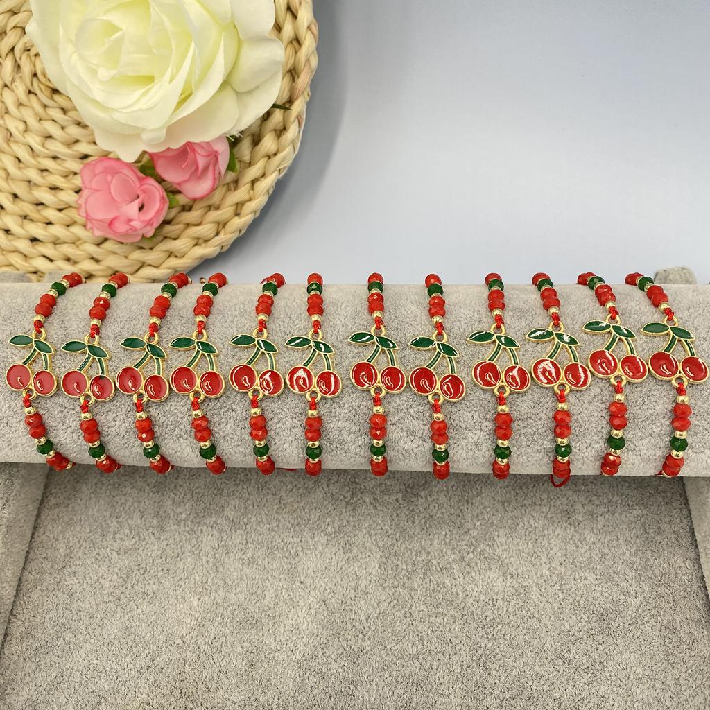 12 Pack Adjustable Cherrys Braided Bracelets With Alloy and Crystals Beads for Women Girls Gift