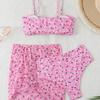2025 Europäischer & Amerikanischer Rosa Print Sexy Bikini Dreiteiliger Damen Badeanzug Set