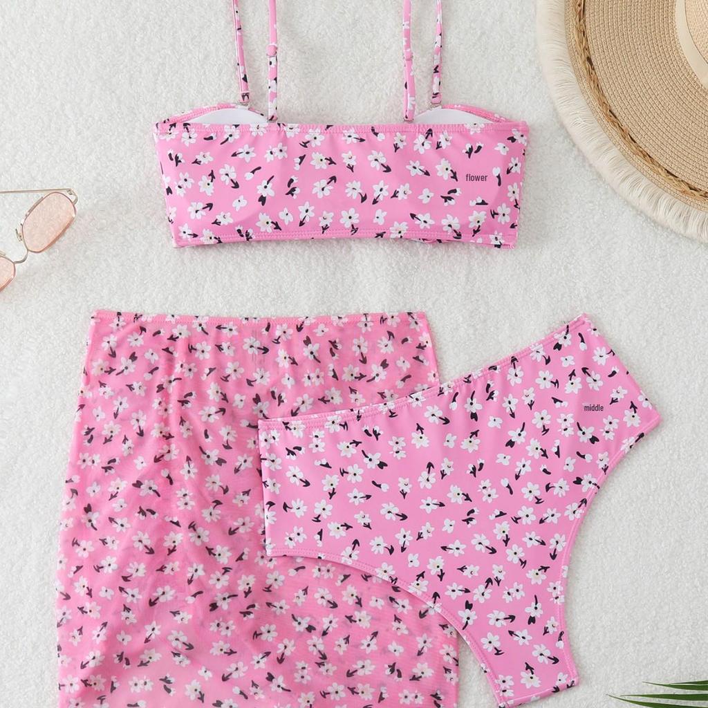 2025 Europäischer & Amerikanischer Rosa Print Sexy Bikini Dreiteiliger Damen Badeanzug Set