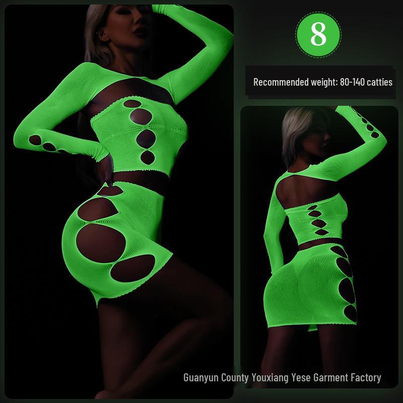 Linlinting Plus Size Glow-in-the-Dark Fishnet Bodystocking with Luminous Bandeau and Socks