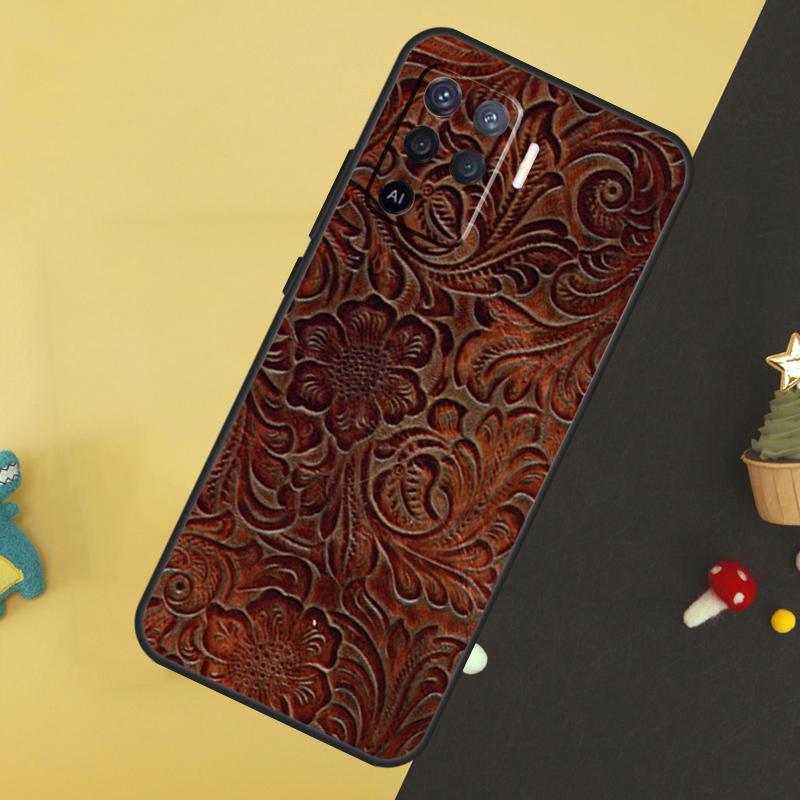 Brown Tooled Leather Pattern Case For Oppo A58 A78 A98 A18 A38 A74 A94 A54 A15 A17 A57 A6 A5 Pro A16 A76 A96 A40 A60 A80