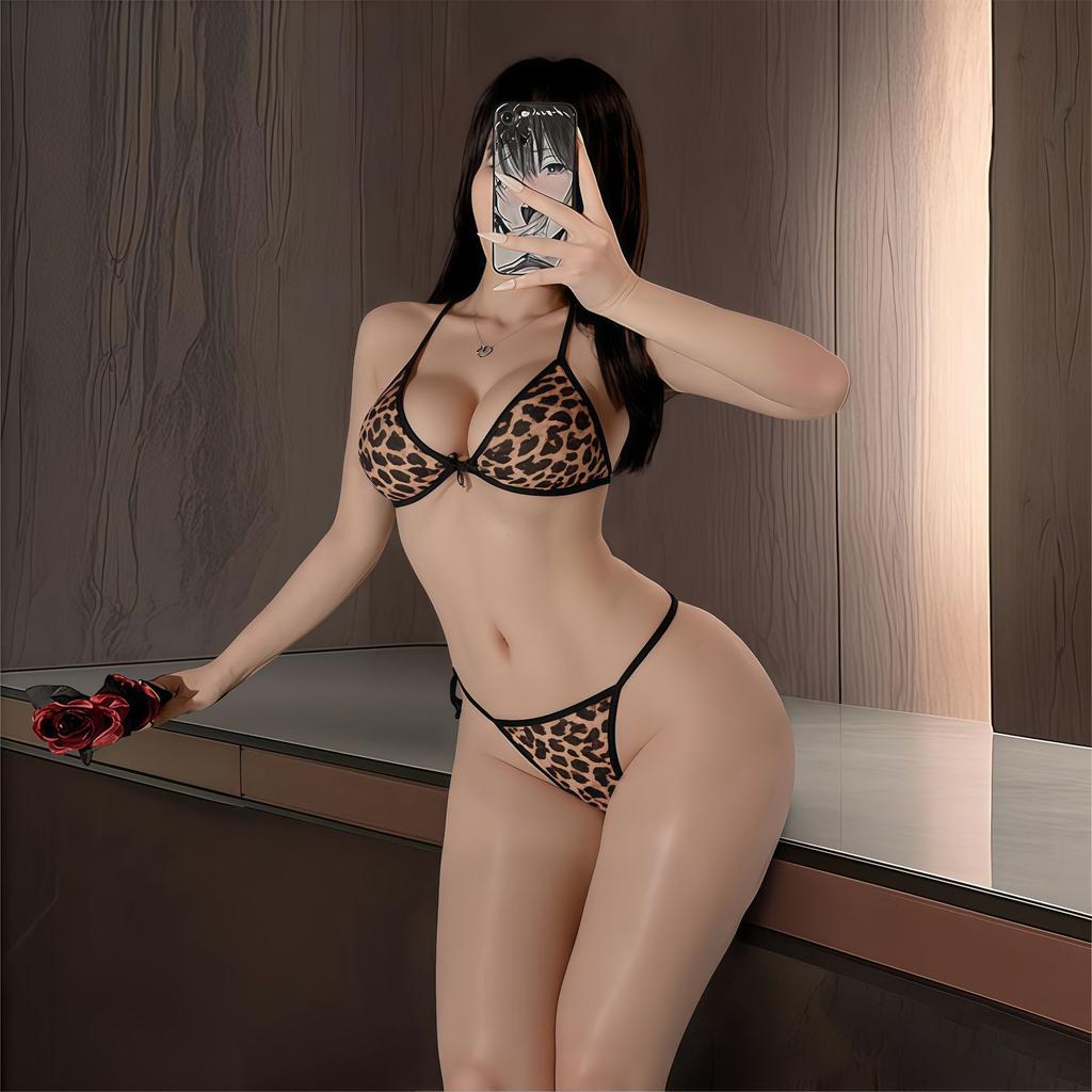 Sexy underwear new sexy hot leopard print uniform hollowed out three-point neck strap passion free women