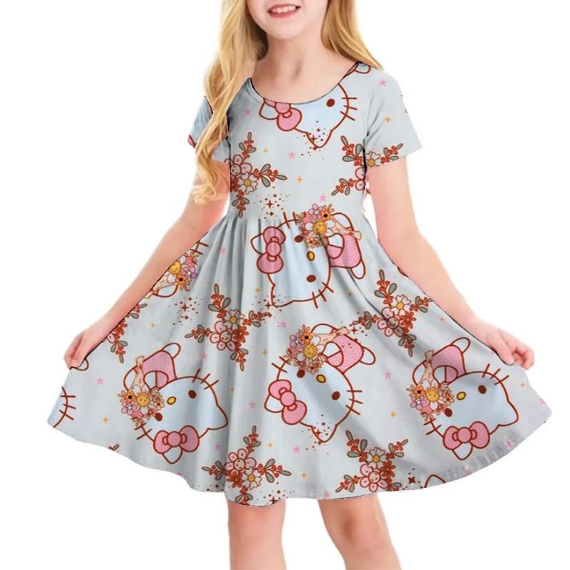 3D Printed Sanrio Hello Kitty Fashion Cartoon Pattern Cute Short Sleeved Dress Cosplay Youth