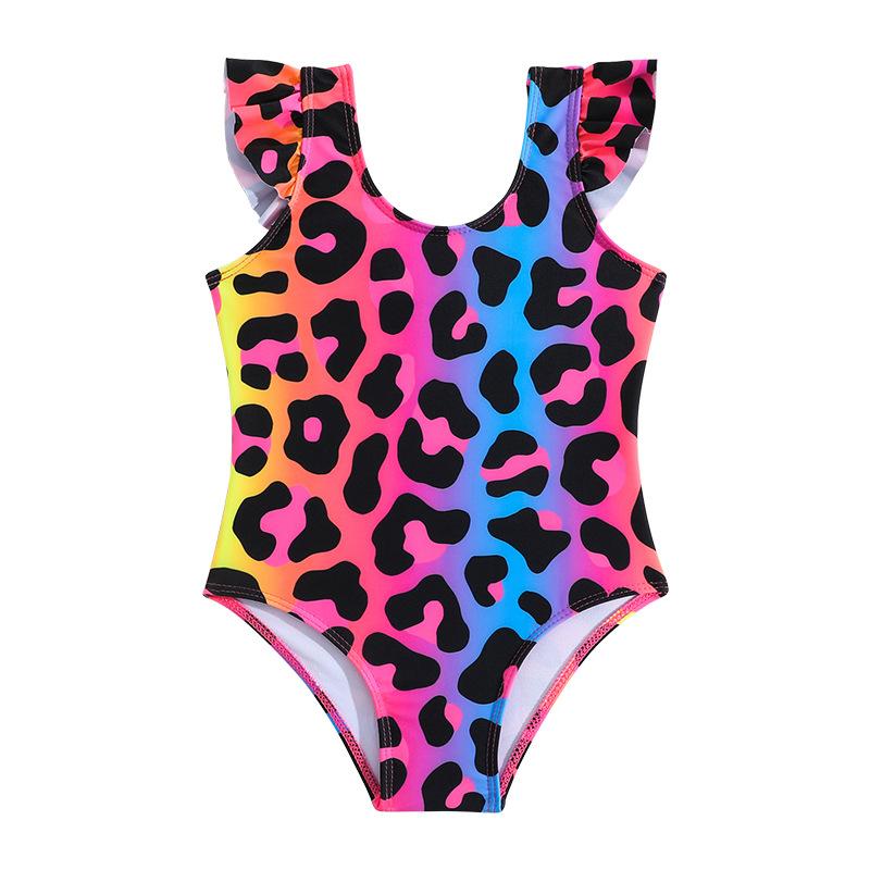 Fashion Kids Girls' Gradient Leopard Print One-Piece Swimsuit Ruffle Sleeve Bathing Suit
