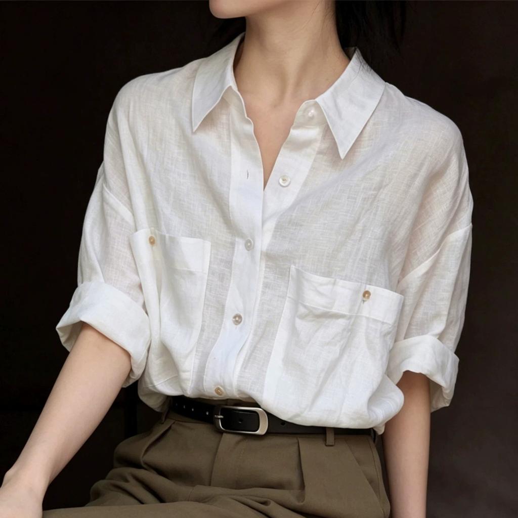High-end linen white short-sleeved shirt women's summer thin cotton and linen retro lazy French shirt commuter top