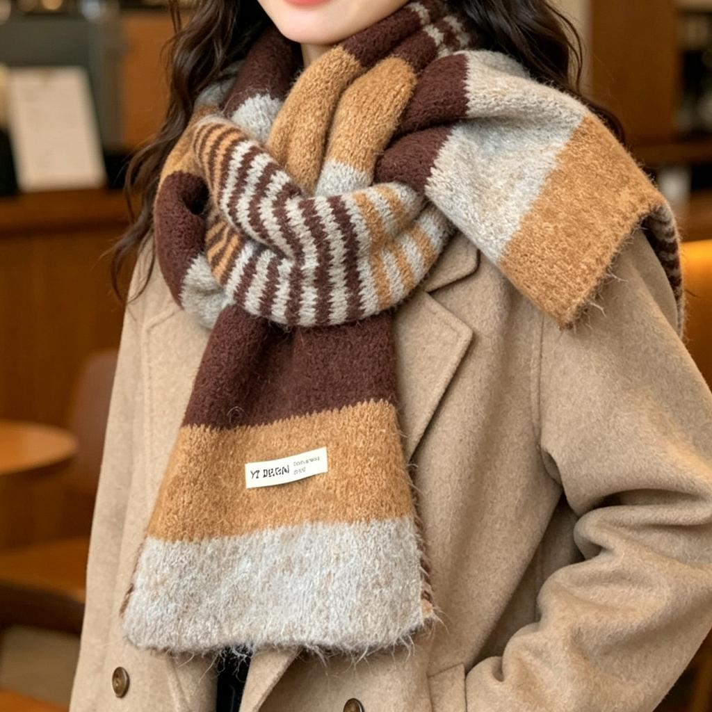 New color matching contrasting knitted striped wool scarf women's autumn and winter Korean version versatile thickened warm scarf