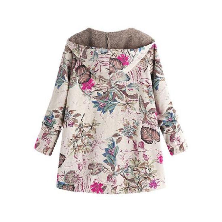 Women Fleece Lining Winter Hooded Coat Floral Leaf Print Long Sleeve
