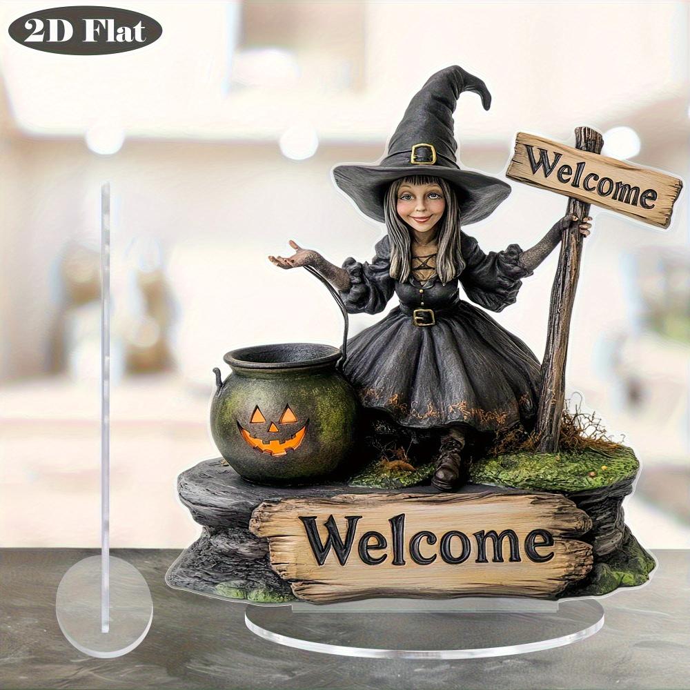 2D Flat Halloween Witch Pumpkin Acrylic Decoration - with Welcome Logo, Vintage Tabletop Ornament with Base, Perfect Halloween Gift