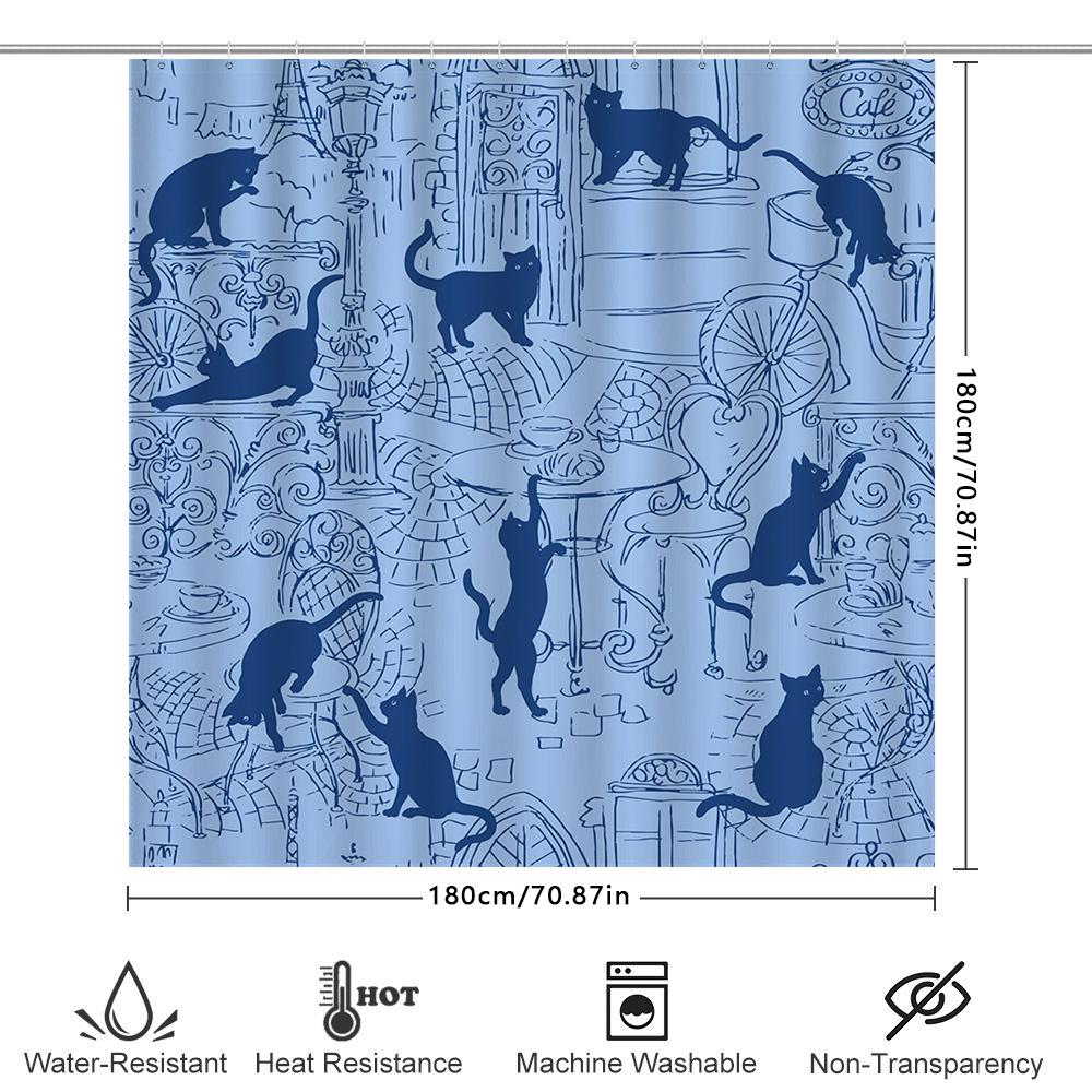 Blue Feline Bathroom Curtain Set: Modern Cat Print Shower Curtain With Rings For Home Decor Perfect Gift For Animal Lovers