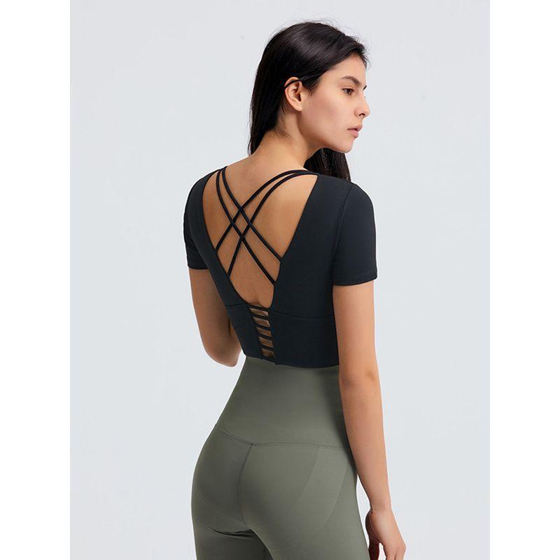 Original Open Back Yoga Jacket Short Sleeve Tight Sports T-shirt with Chest Pad Women's Quick-Drying Running Fitness Clothes Summer