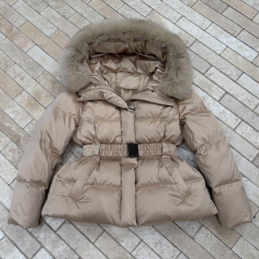European and American style belt waist fox hair hooded big fur collar white duck down winter down jacket women's tide