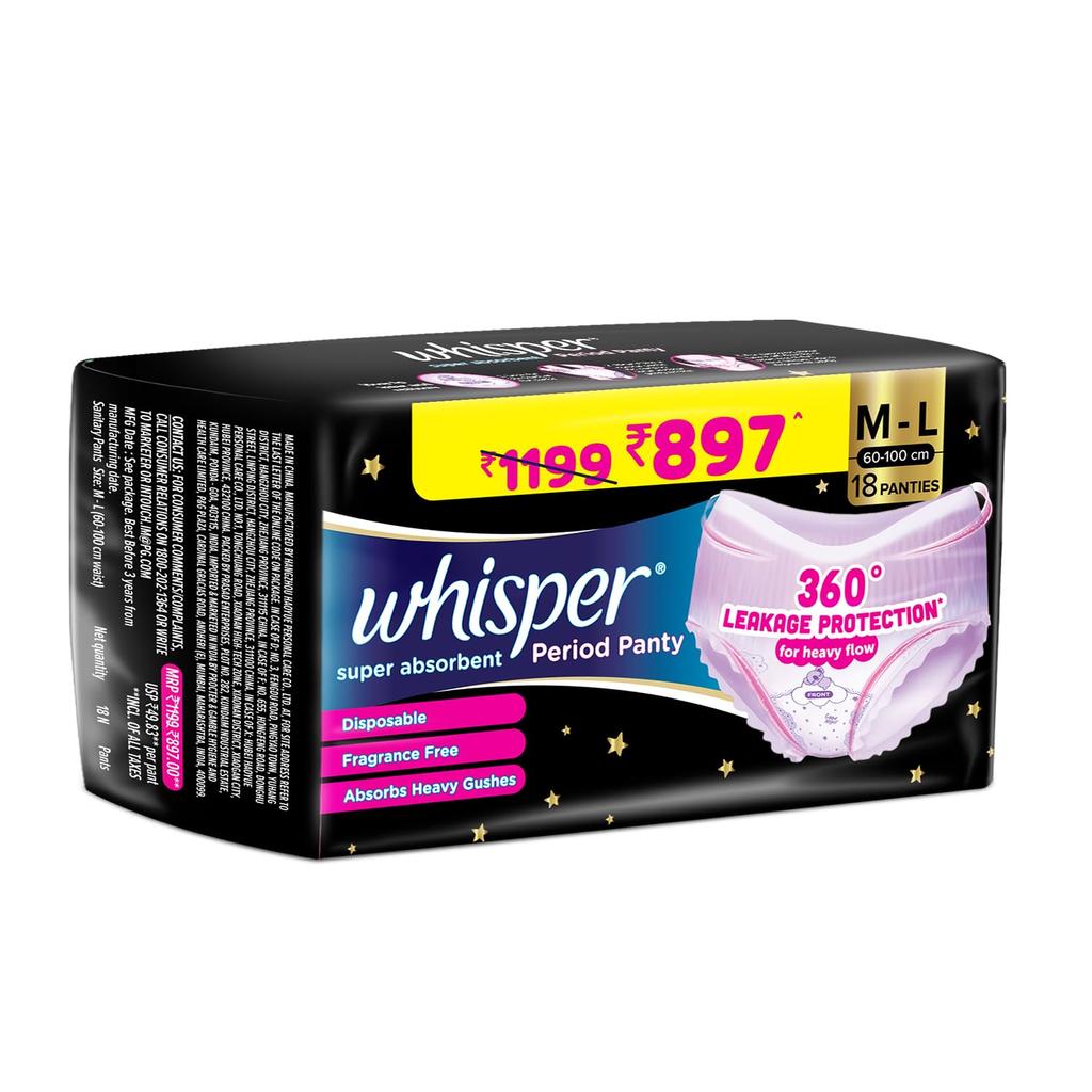 Whisper Super Absorbent Period Panty, 18 M-L Pants, 360 Degree Leakage Protection* for Heavy Flow, Panty like Fit, Full back Coverage, Absorbs He