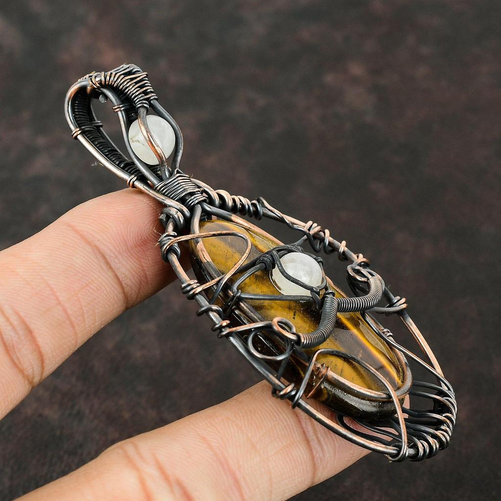 Pingente de pedra preciosa olho de tigre olho mau fio de cobre enrolado pingente feito à mão designer jóias presente para a mãe jóias de pedra da lua arco-íris