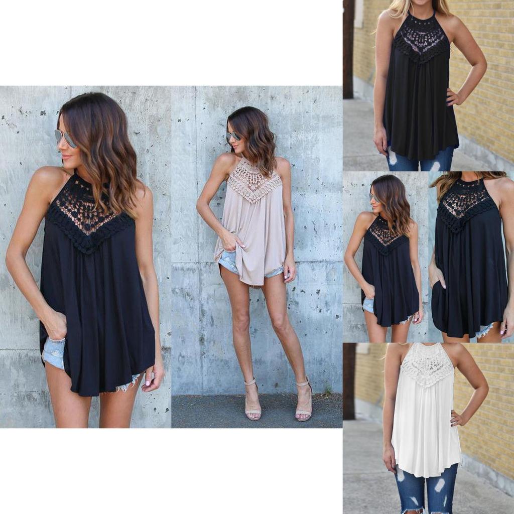 European Style Loose Fit Sleeveless Cotton T Shirt With Lace Splicing For Casual Women