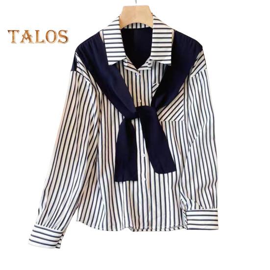 Dámská košile s dlouhým rukávem, vertikálně pruhovaným falešným dvoudílným designem, šálovými zády, volným střihem, knoflíky, topy