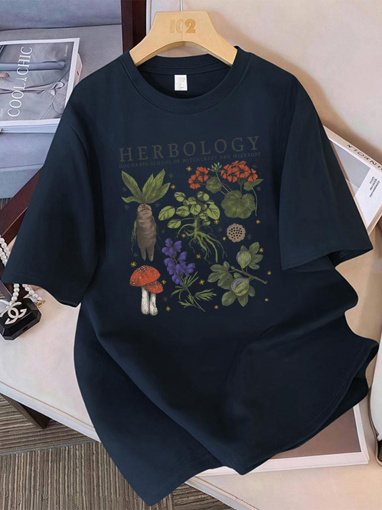 Summer T-Shirts Women Cotton Herbology Plant Composition Printed Tops O-Neck Comfortable Loose Short Sleeve Casual Woman Clothes