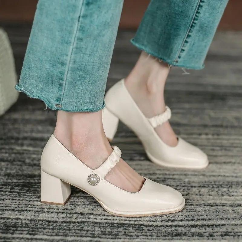 Fashion Moccasins Women's Shoes Mary Jane Chunky Heels Shoe Popular Stylish Luxury Brand Summer 2025 Korean Style Slip On Ladies Pumps