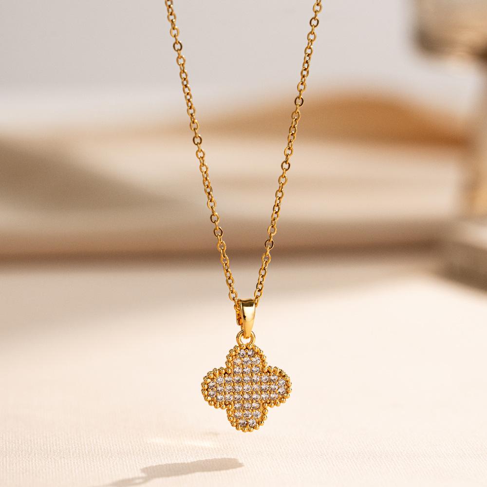 Korean Style Light Luxury Four Leaf Flower Zircon Inlaid Necklace And Earrings Set For Women