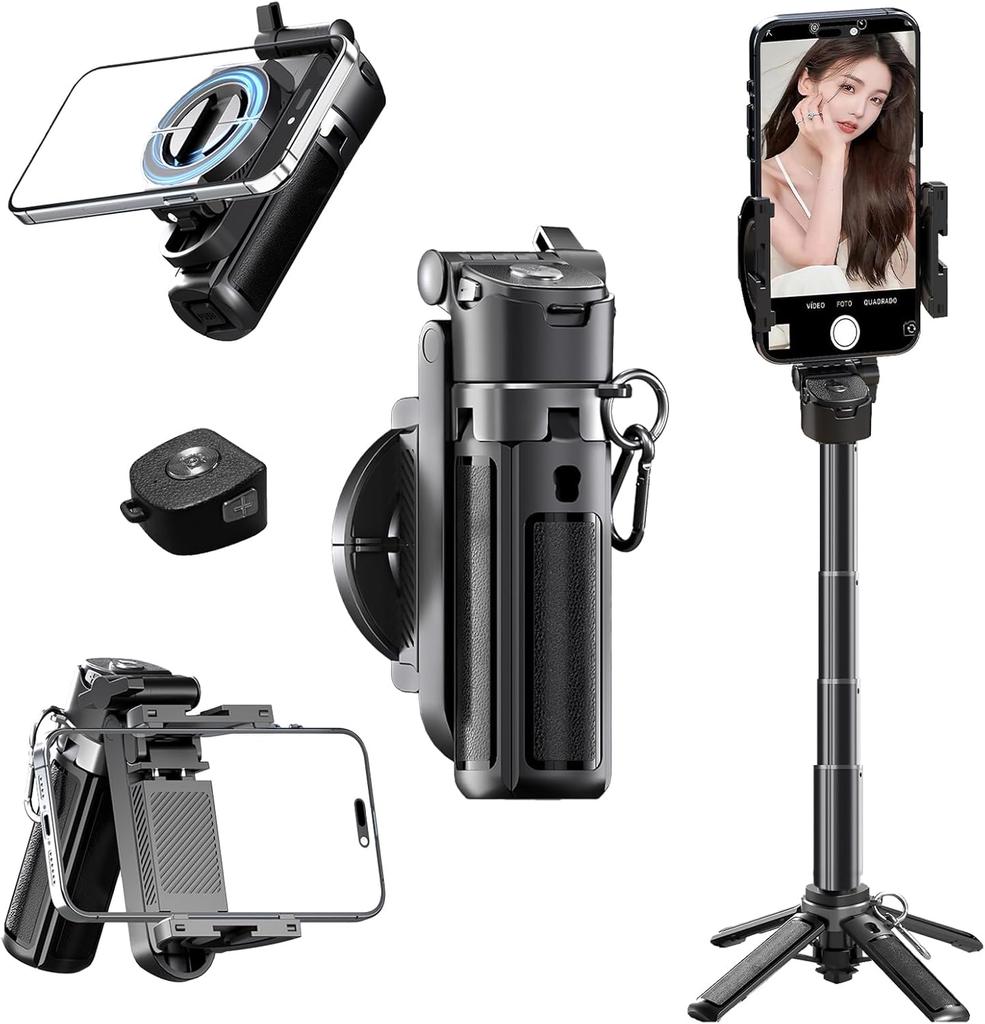 Magnetic Mini Selfie Stick for iPhone, 4 In 1 Portable Pocket Size Tripod for iPhone MagSafe/Android with Remote/Cold Shoe Mount