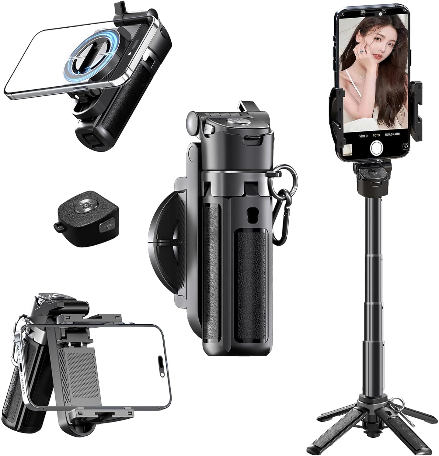 

Magnetic Mini Selfie Stick for iPhone, 4 in 1 Portable Pocket Size Tripod for iPhone MagSafe/Android with Remote/Cold Shoe Mount