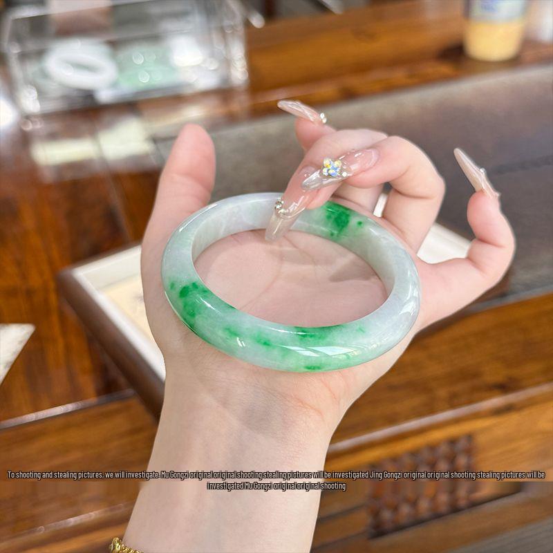 Young Master Mu 'Snow-Filled Chang'an' High-End Myanmar Jade Bangle for Women - Milk White with Flecks, Free Shipping