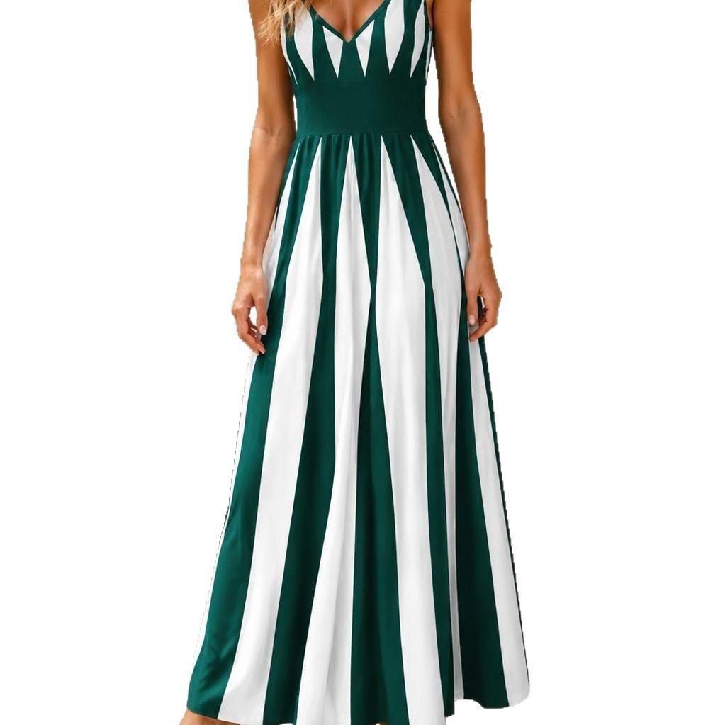 Summer Women's Fashion Loose Suspender Color Block Printed Suspender Dress Long Dress