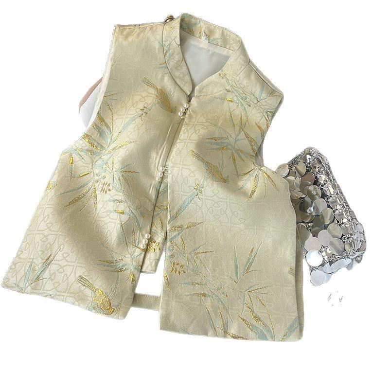 Jacquard bronzing bamboo leaf flower retro style vest 2025 new stand-up collar disc buckle jacquard vest