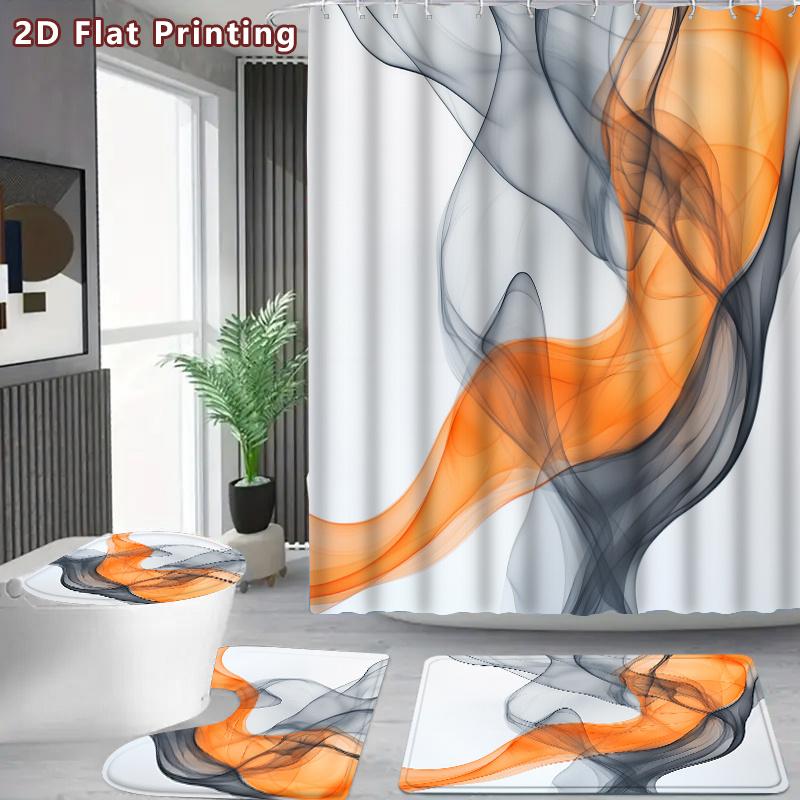4Pcs Abstract Flowing Smoke Shower Curtain Set with Non-Slip Bath Mat, Toilet Lid Cover, Contour Rug & 12 Hooks, Bathroom Decor