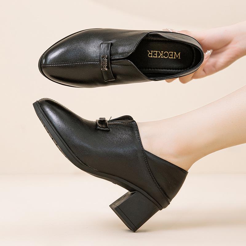 Autumn 2025 Women's Casual Chunky Heel Genuine Leather Shoes - Bestseller, Modern Mid-Heel Style.