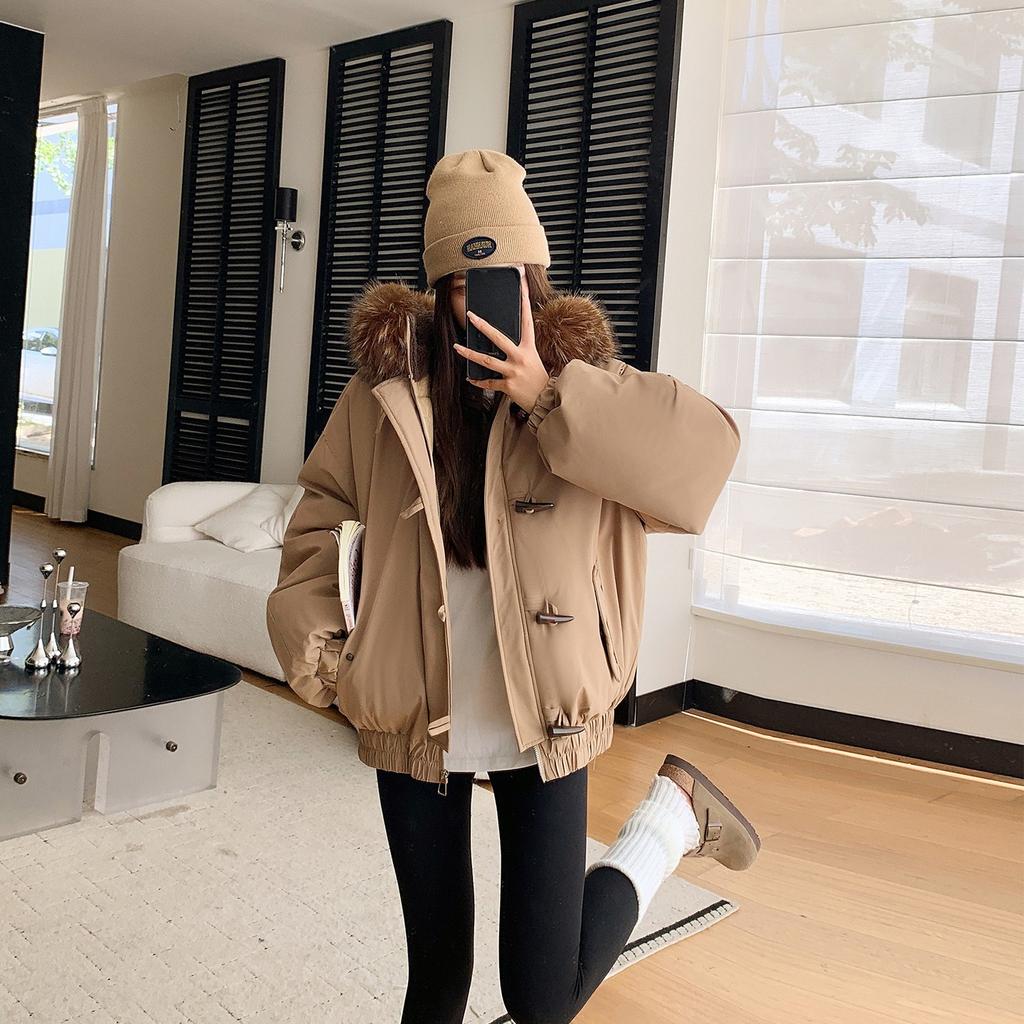 Damska nowa kurtka z kapturem z kołnierzem z futra, zapinana na guziki z rogu, zimowa, lekka, ocieplana, puszysta, ciepła, luźna, z wysokiej jakości tkaniny, casualowa, sportowa, bawełniana odzież