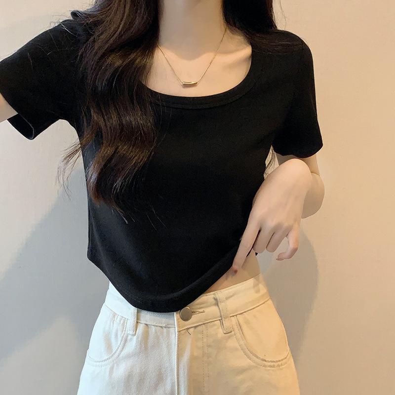 Jednobarevné základní všestranné dámské tričko s kulatým výstřihem, designovým zakřiveným lemem, krátkým slim fit střihem, letní novinka pro spodní vrstvu