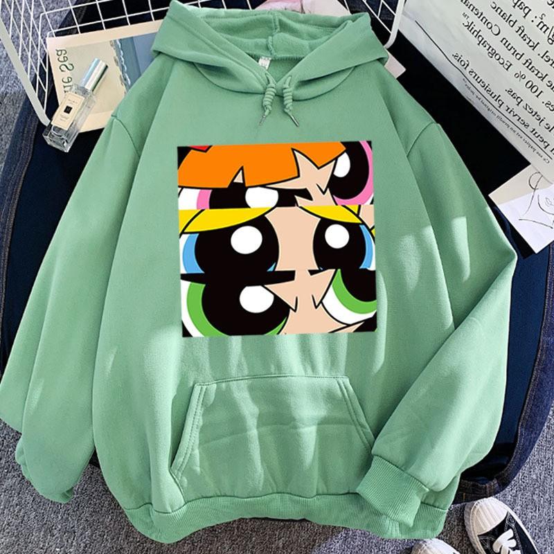 Herbst Winter Süßigkeitenfarbe Kapuzenpullover Powerpuff Girls Aufdruck Lockerer Schnitt Langarm Sweatshirt Damen