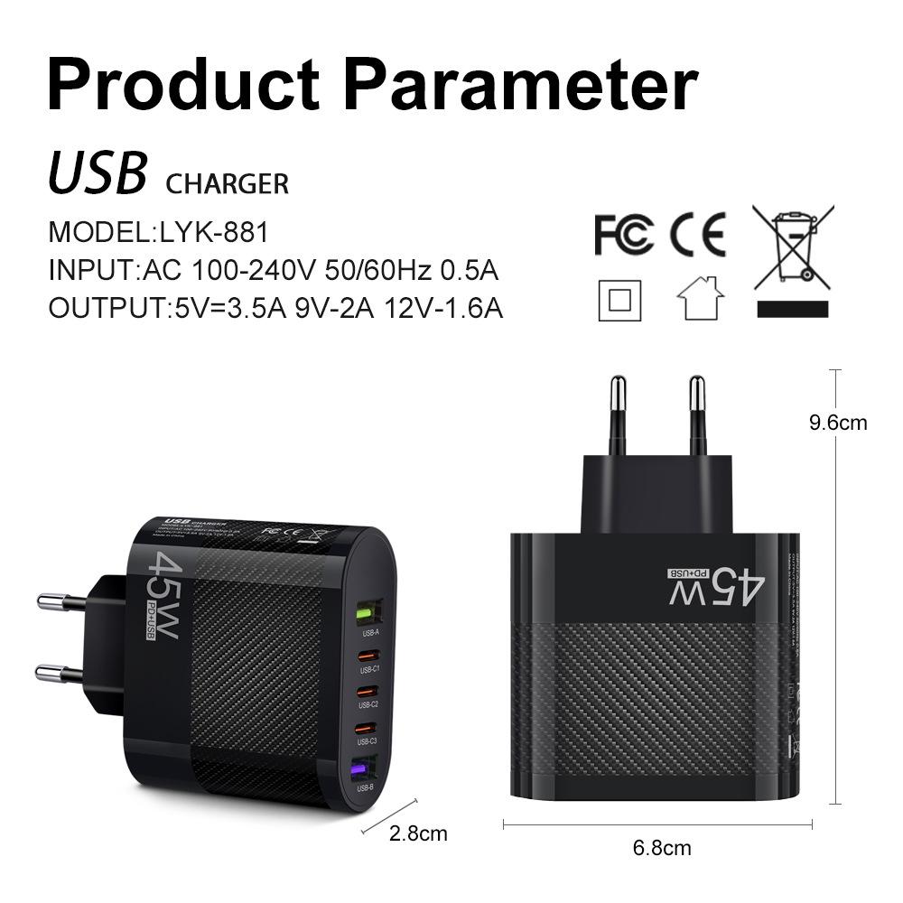 Mark 45W Multi-Port Charger: 2 USB + 3 Type-C, EU/US/UK Plug for Mobile Phones